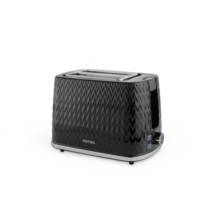 Afbeelding van Petra PT3860BLKVDEEU10 Chevron broodrooster met 2 sneetjes, 7 traps thermostaat en broodjeswarmer, uitneembare lade, ontdooien, opwarmen afbreken, controlelampje, 930 W, zwart