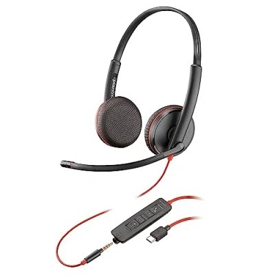 Afbeelding van Poly Blackwire 3225 bedrade headset, ruisonderdrukkende microfoon, binauraal design, aansluiting op pc/Mac/mobiele telefoon via USB C, A of 3,5 mm jackstekker, werkt met teams en zoom
