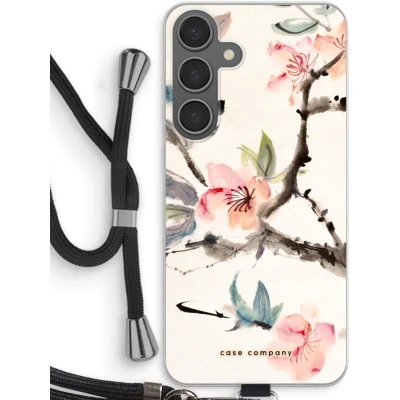 Afbeelding van Case Company® hoesje met Koord geschikt voor Samsung Galaxy S24 Plus Japanse bloemen Telefoonhoesje Zwart Bescherming aan alle Kanten en Over de Schermrand