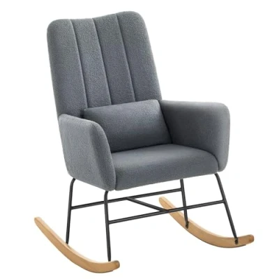 Afbeelding van SONGMICS HOME Schommelstoel met armleuningen, oppervlak van pluche stof, stalen frame, poten rubberhout, draagvermogen 160 kg, voor slaapkamer, woonkamer, leigrijs LYY500G01
