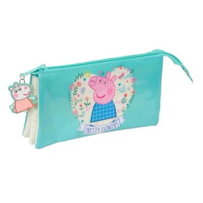 Afbeelding van Pennenetui met 3 vakken Peppa Pig Pretty flowers Geel Munt 22 x 12 cm