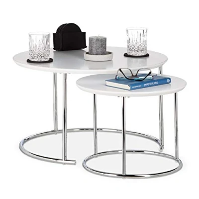 Afbeelding van relaxdays bijzettafel 2er set nest tafels rond kleine salontafel 60 x hout wit