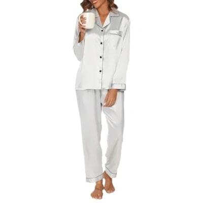 Afbeelding van Reliwel Satijnen pyjama voor dames, knoopsluiting, lange mouwen, tweedelig, lang, V hals, comfortabele en klassieke nachtkleding, huiskleding, alle seizoenen, grijs.