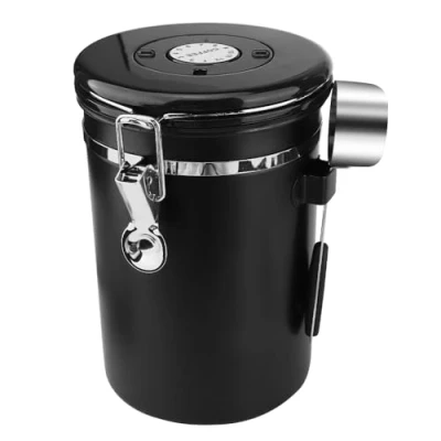 Afbeelding van Atliberswo Koffiepot (1,8 l), luchtdichte koffiecontainer, materiaal van roestvrij staal, met roestvrijstalen lepel, geschikt voor koffiebonen, theebladeren, noten enz. (zwart)