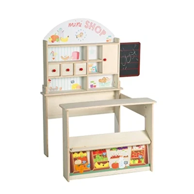 Afbeelding van Roba Koopwinkel &#039;Minishop&#039;, kinderwinkel van hout, naturel, verkoopstand met toonbank, tafel, schuifdeur en merkstand, opdruk