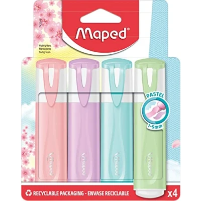 Image de Maped 742546 Surligneurs Pastel Pointe Biseautée pour Trait de 1 à 5mm Lot 4 Couleurs Assorties
