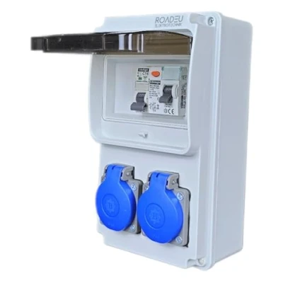 Afbeelding van RoadEu Stroomverdeler 230V 2x stopcontact Bouwstroomverdeler met Fi stroomonderbreker en C 16A bekabeld, indoor/outdoor stekkerverdeler IP44