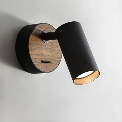 Afbeelding van ouglres wandlamp met schakelaar, vintage houten voor binnen, zwarte aluminium lampenkap, draaibaar, bedlamp, industrieel design, slaapkamer
