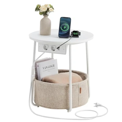 Afbeelding van VASAGLE ronde bijzettafel met laadstation, kleine tafel stopcontact, salontafel, USB poorten, stoffen mand, woonkamer, slaapkamer, modern nachtkastje, matbruin camel LET228W02