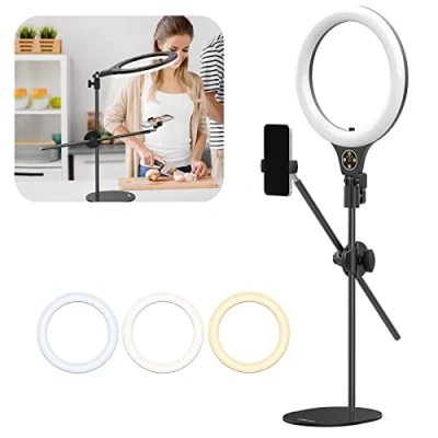 Afbeelding van Ulanzi Ring 10 Topshot Ringlamp met statief Werkhoogte 80 cm 180 graden kantelbaar voor smartphones tot 9,4 breed Zwart