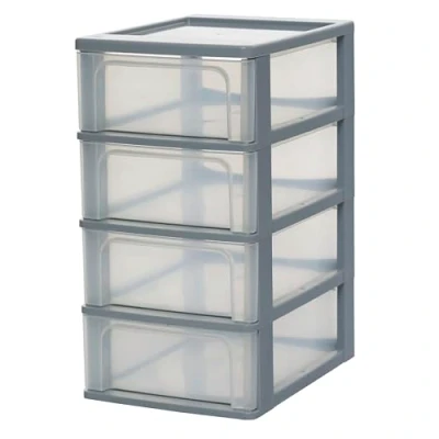 Afbeelding van Iris Ohyama OCH 2004 Opbergtoren, kunststof organizer met ergonomische handgrepen, 4 laden van 7 l, geïntegreerde handgreep, BPA vrij, voor kantoor, slaapkamer of woonkamer, grijs
