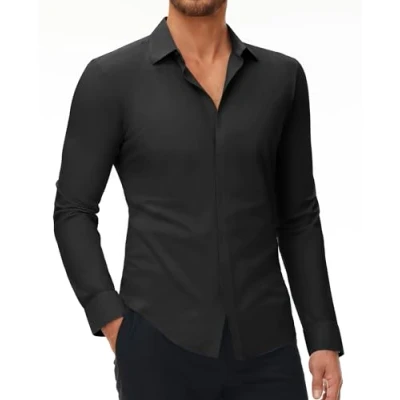 Afbeelding van DEMEANOR Stretch overhemd met lange mouwen voor heren, slim fit, kreukvrij, vrijetijdshemd 1 Zwart