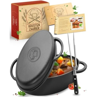 Afbeelding van KRUSTENZAUBER gietijzeren braadpan 35 cm met deksel, ovenvast [vleesvork] XXL pan ideale Kazan braadpan, inductiekookpan, ovenbestendig