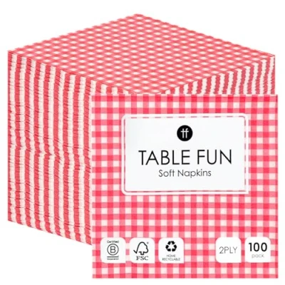 Image de Talking Tables Lot de 100 serviettes en papier à carreaux rouges doux pour anniversaires, mariages, Noël, traiteur, vaisselle, jetables, recyclables, fabriquées dans l&#039;UE, 2 plis 33 cm