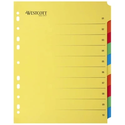 Afbeelding van Westcott E 1733313 00 register voor A4 geperforeerde hoezen van kunststof, 10 gekleurde tabbladen als organizer, robuust, 230 g/m², met europerforatie,