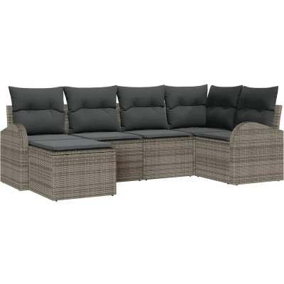 Afbeelding van vidaXL 6 delige tuinsofa set met kussens Grijs Poly Riet, 2 zits opbergruimte &amp; Riet