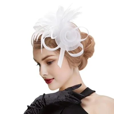 Afbeelding van DRESHOW Fascinator Chapeau avec Fleurs en Maille et Plumes Wedding Headband Pour Fête, Mariage, Cocktail Femme Fille