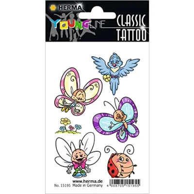 Afbeelding van HERMA 15195 tijdelijke tattoostickers voor kinderen, vlinders en vrienden, 6 stickers, wasbaar, motief kindertattoos om op te plakken, meisjes jongens, meerkleurig,