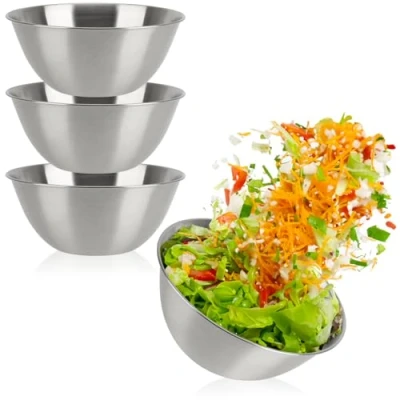 Afbeelding van COM FOUR® Set van 3 roestvrijstalen kommen stapelbare slakom 1300 ml kom voor bakken, serveren en knabbelen mengkom (3 stuks Ø 19 cm)