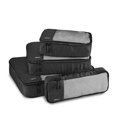 Afbeelding van Amazon Basics Opbergtassen voor bagage, maat L, blauw, 4 stuks, zwart., Tailles Slim/S/M/L