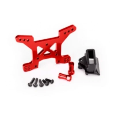 Afbeelding van Shock tower, front, 7075 T6 aluminum (red anodized) (1)/ body mount bracket (1)