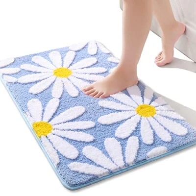 Afbeelding van Blauwe badkamertapijt, schattige madeliefjes, badmat, antislip, wasbaar, badtapijt, witte en gele bloem, zachte microvezel, douchemat, absorberend, 40 x 60 cm