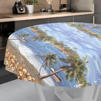 Afbeelding van Afwasbaar tafelzeil, tuintafelkleed, voor binnen en buiten, rond, 140 cm, afgesneden rand, vakantie