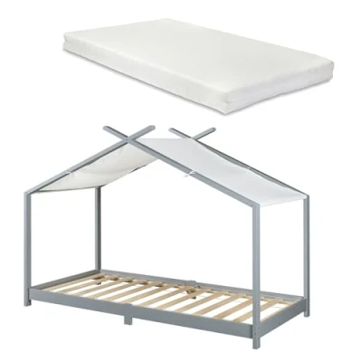 Afbeelding van Kinderbed Brome huisbed met matras 90x200 cm grijs en wit [en.casa]