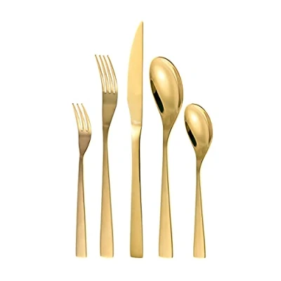 Afbeelding van Otto Koning Berlin gouden bestekset 6 personen, eetbestek 30 delig verguld en glanzend gepolijst titanium, 4 mm dik, biefstukmes. Een modern bestek voor personen
