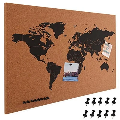 Afbeelding van BAKAJI Prikbord van kurk wereldkaart houten lijst afmetingen 60 x 40 cm modern design met 10 punaises cadeau idee