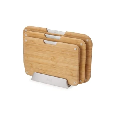 Afbeelding van Joseph Nest™ Set van 3 snijplanken bamboe, dubbele zijden, antislip voeten, voedselpictogrammen, metalen houder