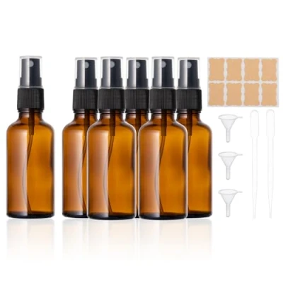 Afbeelding van Kiperline 6 lege spuitflessen van amberglas, 50 ml, om te vullen met trechter, pipetten en etiketten, voor etherische oliën, parfum