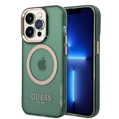 Afbeelding van Guess GUHMP14LHTCMA hoesje voor iPhone 14 Pro groen/kaki Gold Outline Translucent MagSafe
