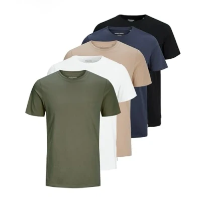 Afbeelding van JACK &amp; JONES Uniseks T shirt van biologisch katoen voor heren, 5 stuks (wit, zwart, marineblauw, stoffige olijf, crockery)