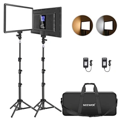 Afbeelding van NEEWER 2 stuks 13 inch led videolichtpanelen met statief, streaminglicht lithiumbatterij, zachte videolamp 3200K 5600K CRI 97+ 2400lux, studiolicht voor games in