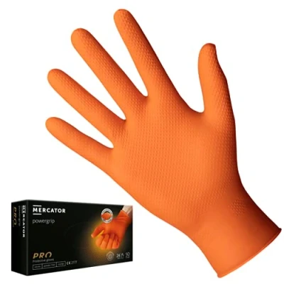 Afbeelding van POWERGRIP oranje nitril handschoenen, maat: XXL 50 stuks, wegwerphandschoenen, beschermende poedervrij, latexvrij, handschoenen dikte 3 x groter, diamanttextuur