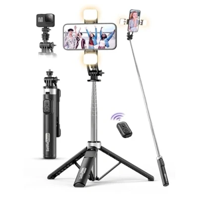 Afbeelding van 135 cm selfiestick, statief met 2 lampen, voor telefoon afneembare afstandsbediening, draagbaar, uittrekbaar 1/4 inch schroef, compatibel