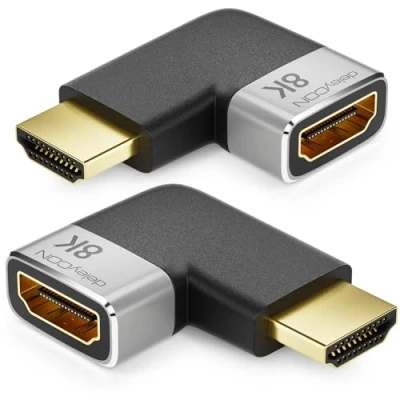 Afbeelding van deleyCON 2 stuks koppelingsaansluitingen HDMI adapter 8K @60Hz / 4K @120Hz UHD aluminium 2.1 ARC HDR10+ Dolby Vision VRR ALLM 48Gbps rechts/links hoek grijs zwart