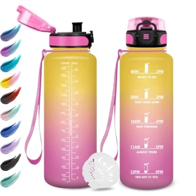 Image de KollyKolla Gourde de sport 1,5 L, bouteille d&#039;eau avec indicateur temps motivation, filtre à épreuve fuite, facile nettoyer, gym pour bureau, yoga