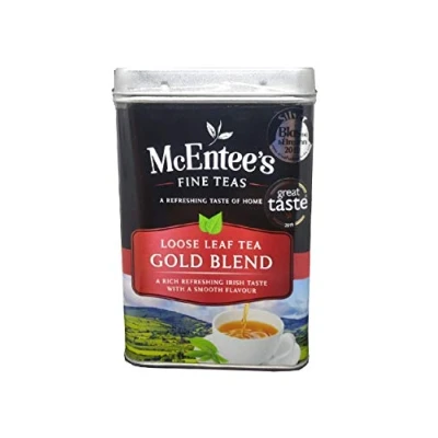 Afbeelding van McEntee&#039;s Irish Gold Blend losse thee 500 g blik een sterke en smakelijke mix van zwarte uit Assam Kenia