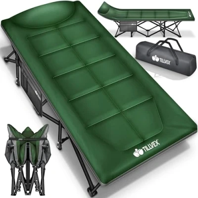 Afbeelding van tillvex® opvouwbaar campingbed met draagtas tot 200 kg, extra grote campingstoel, voor binnen en buiten, logeerbed tuin, camping, vissen,