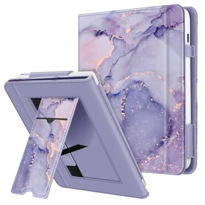 Afbeelding van FINTIE hoes compatibel met 7 inch Kobo Libra Colour 2024 / 2 2021 (model: N428 N418), e reader standaard kaartsleuf en polsband, marmer lila