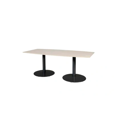 Afbeelding van Linesto 200x100cm tonvormige vergadertafel op vaste hoogte (74cm) met robson eiken 25mm blad en zwarte (RAL9005) trompetvoeten