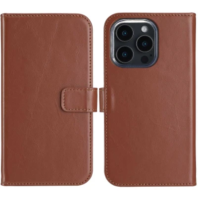 Afbeelding van Selencia Hoesje Geschikt voor iPhone 16 Pro Max Met Pasjeshouder Echt Lederen Bookcase Lichtbruin