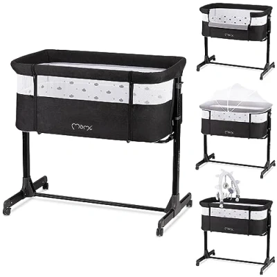 Image de Momi REVO Lit d&#039;appoint multifonction pour enfant, réglable en hauteur sur 6 niveaux de 72 à 82 cm, avec roulettes, matelas, sangles fixation, moustiquaire et arceau jouets