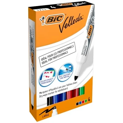 Afbeelding van BIC Velleda 1711 Whiteboard viltstiften, droog afwisbaar, medium punt, verschillende kleuren, 4 stuks
