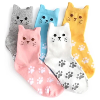 Afbeelding van DRESHOW gebreide katoenen sokken met ruches damessokken casual enkelsokken ademende sokken, 5 paar kattensokken set 51 07, Eén maat