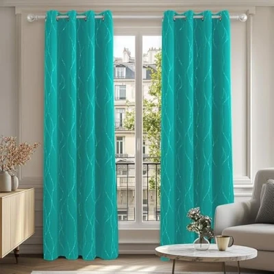 Afbeelding van Deconovo Verduisteringsgordijnen met ringen, warmte isolatie, tegen de kou, zilverkleurig stippenpatroon, 117 x 183 cm, turquoise, 2 gordijnen