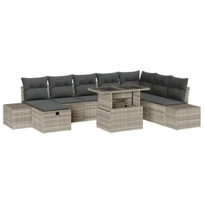 Afbeelding van vidaXL 9 Delige Tuin Sofa Set met Kussens Licht Grijs Poly Rattan