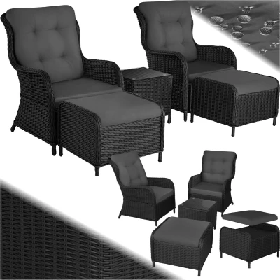 Afbeelding van tectake® 2x Premium Wicker Fauteuils met Krukken en Tafel Relaxfauteuils voor Tuin, Terras Balkon Weerbestendige Lounge Tuinmeubelset Tuinstoelen, Leesstoelen Ligstoelen Zwart/Grijs
